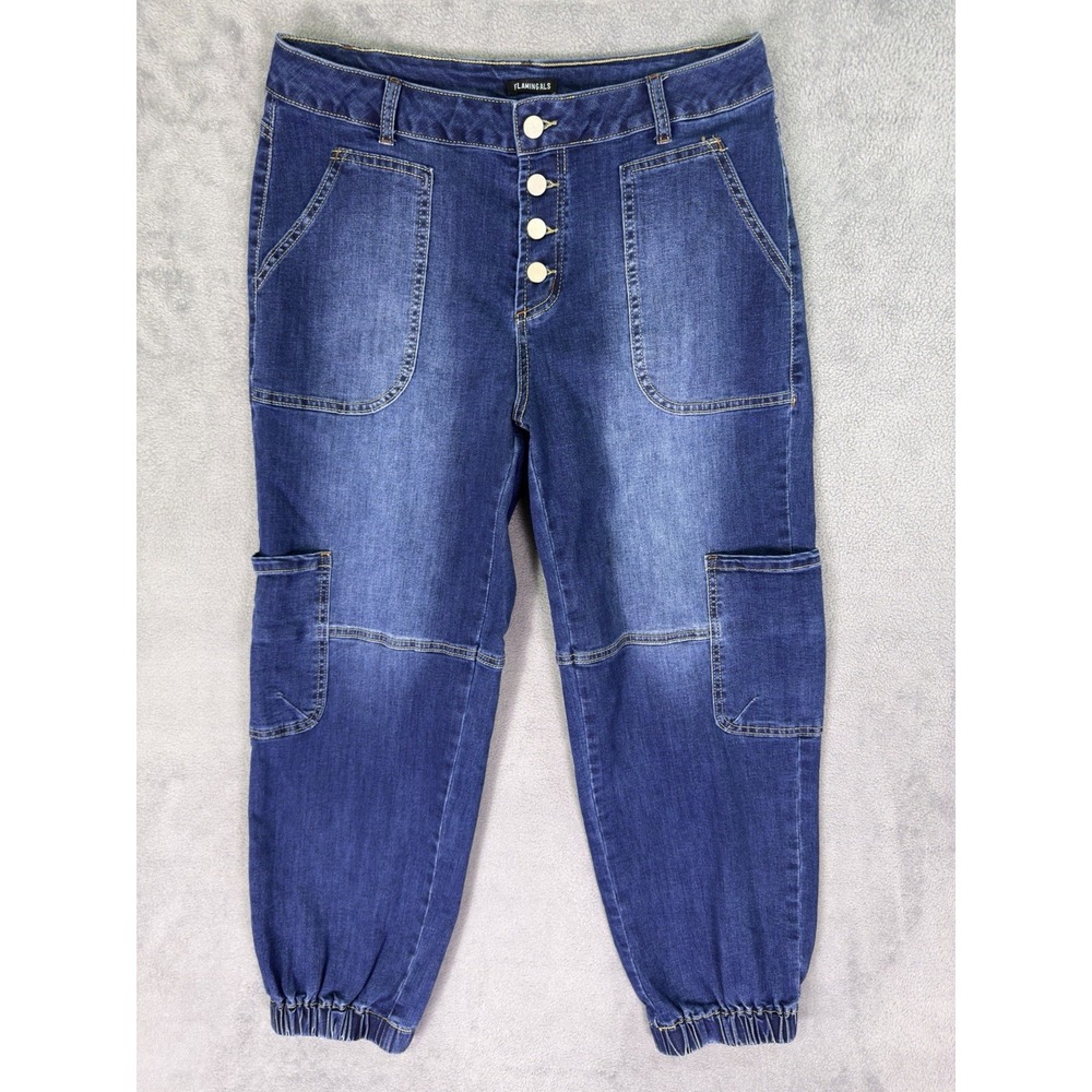 Flamingals Jeans Womens Large Blue Dark Wash Mid Rise Straight Button Fly Cargo